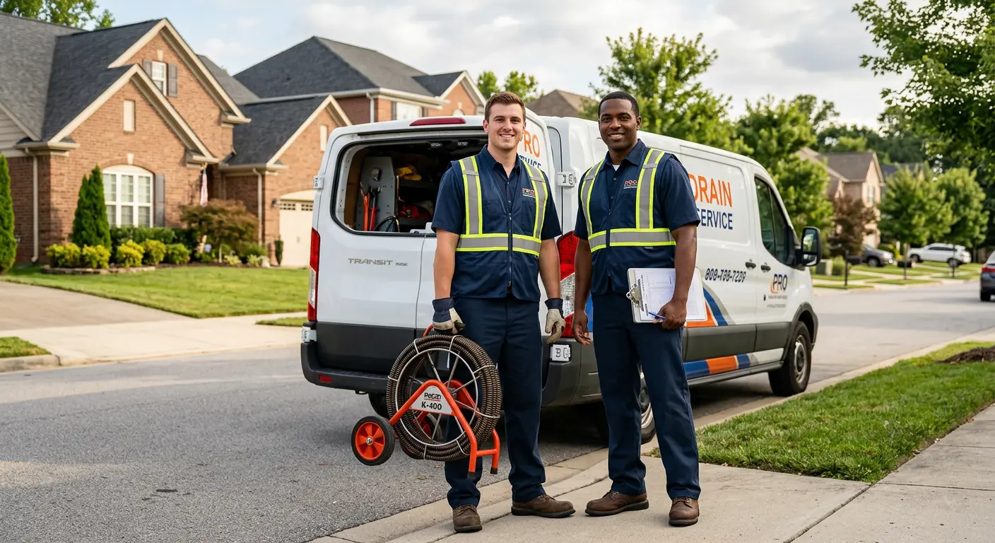Sewer and drain service team with equipment ready for work in Ladue