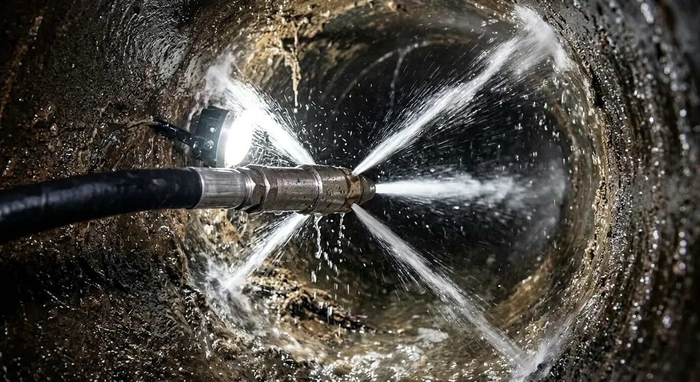 High-pressure hydro jetting nozzle cleaning sewer pipe for Emergency Drain Service in Ladue