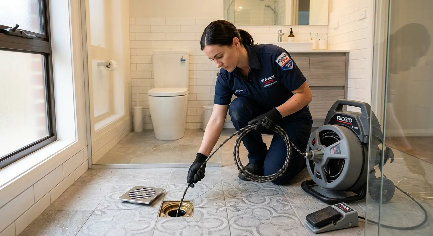 Technician clearing a bathroom floor drain for Clogged Drain Repair in Ladue